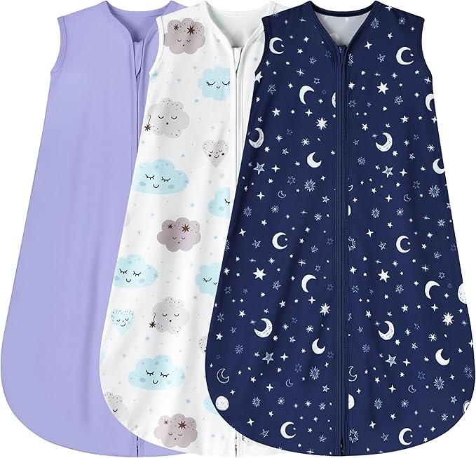 3 Pack Baby Sleep Sack 6-12 Months 100% Rayon Cotton Baby Sleeping Bag 2-Way Zipper Toddler Wearable Blankets Comfy Stretchy Lightweight TOG 0.3 （Purple&Clouds&Starry Sky）