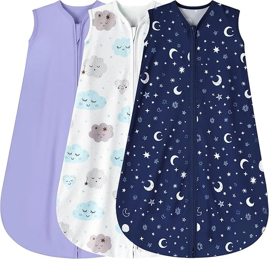 3 Pack Baby Sleep Sack 6-12 Months 100% Rayon Cotton Baby Sleeping Bag 2-Way Zipper Toddler Wearable Blankets Comfy Stretchy Lightweight TOG 0.3 （Purple&Clouds&Starry Sky）