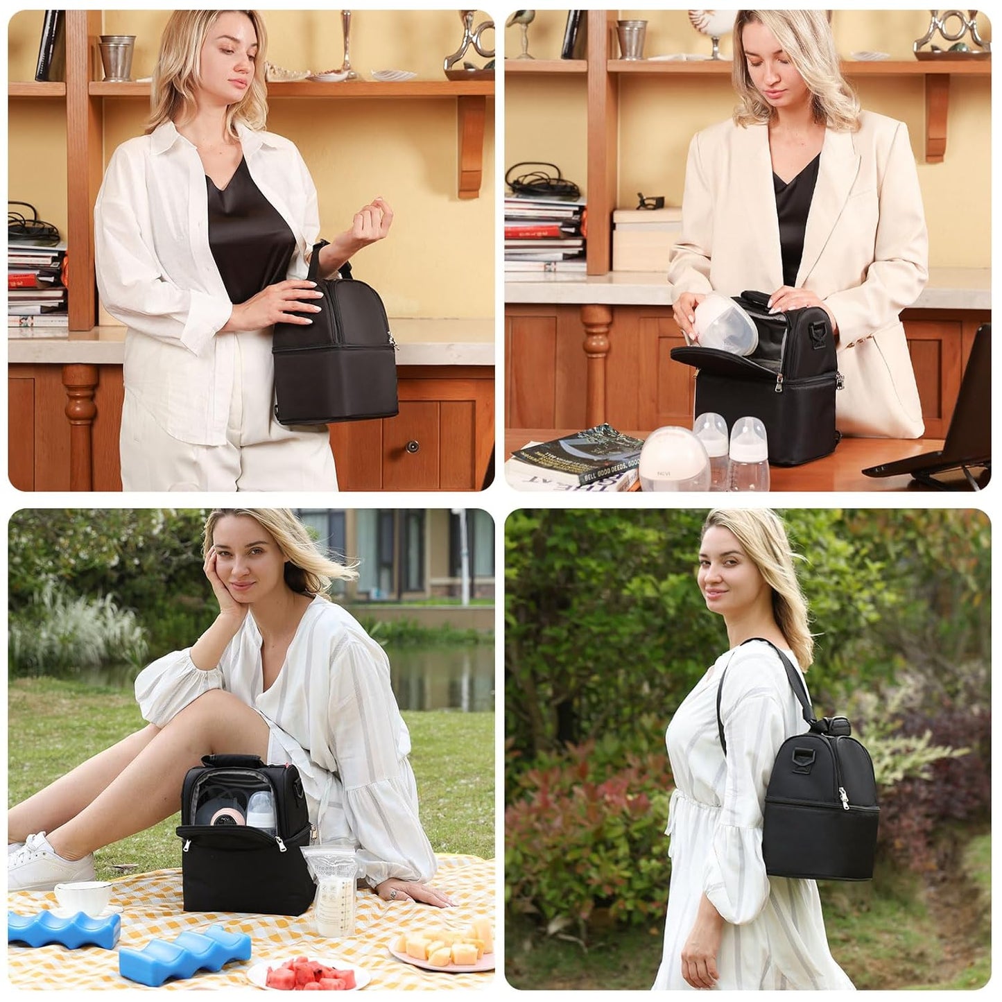 NCVI Breastmilk Cooler Bag with 2 Ice Pack, Breast Pump Bag with Cooler Fits 6 Bottles, Double Layer Breast Milk Cooler Travel Bag Baby Bottle, for Travel, Nursing Mom Daycare, Work, Picnic (Black)