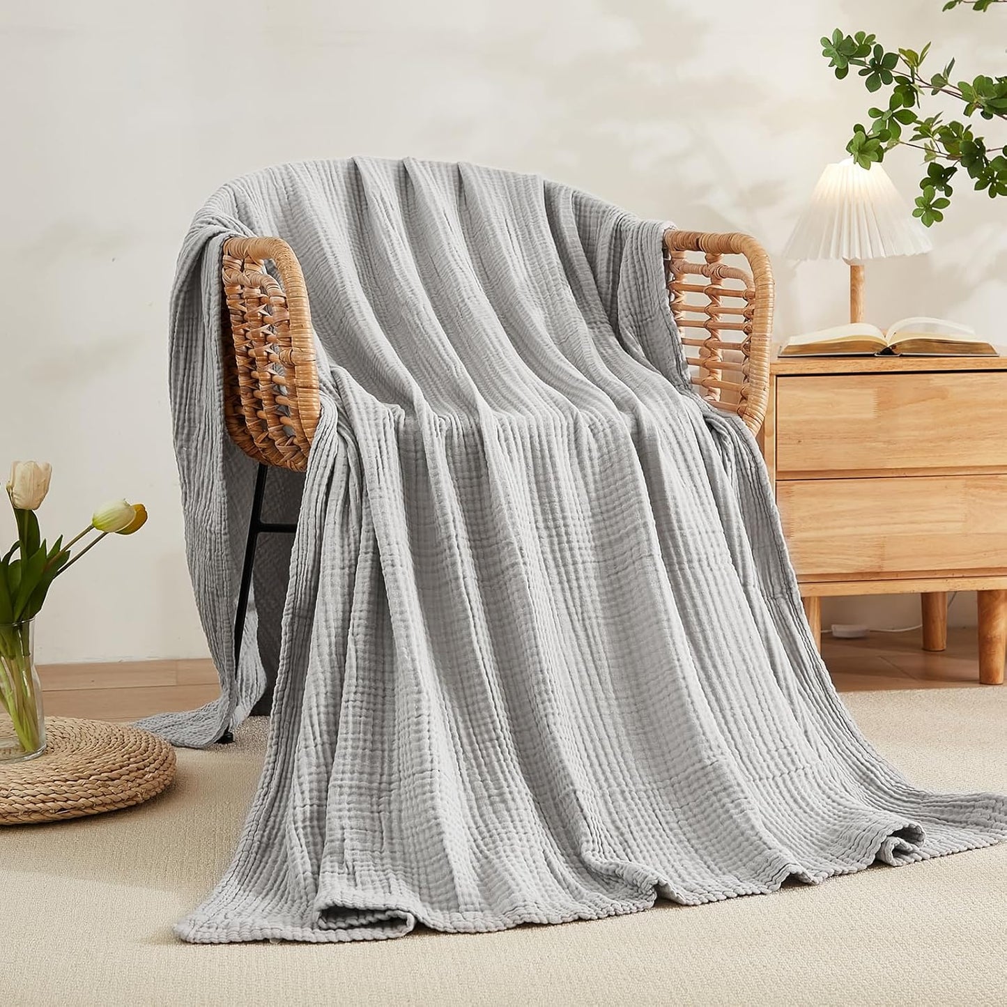 EMME Cotton Blanket Twin XL for Bed Soft Muslin Blankets 66"x90" Lightweight Breathable Layering Bedspread Coverlet All Season Gauze, Light Grey