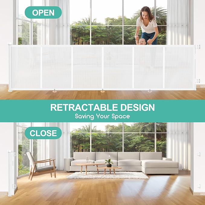 Upgrade 120 inch Retractable Baby Gates, EZIGO Extra Wide Baby Gate for Large Opening Extra Long Mesh Gate for Kids or Pet Dog Gate Child Safety Gate for Stairs Hallways Doorway Indoor Outdoor, White