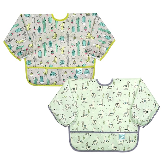 Bumkins - Sleeved Bib - For Boys & Girls, Babies & Toddlers 6-24 Months - Lightweight, Durable, Waterproof - Long Sleeve Bib - Catch-All Pocket - Wipeable & Machine Washable - Cactus & Llama - 2 Pack