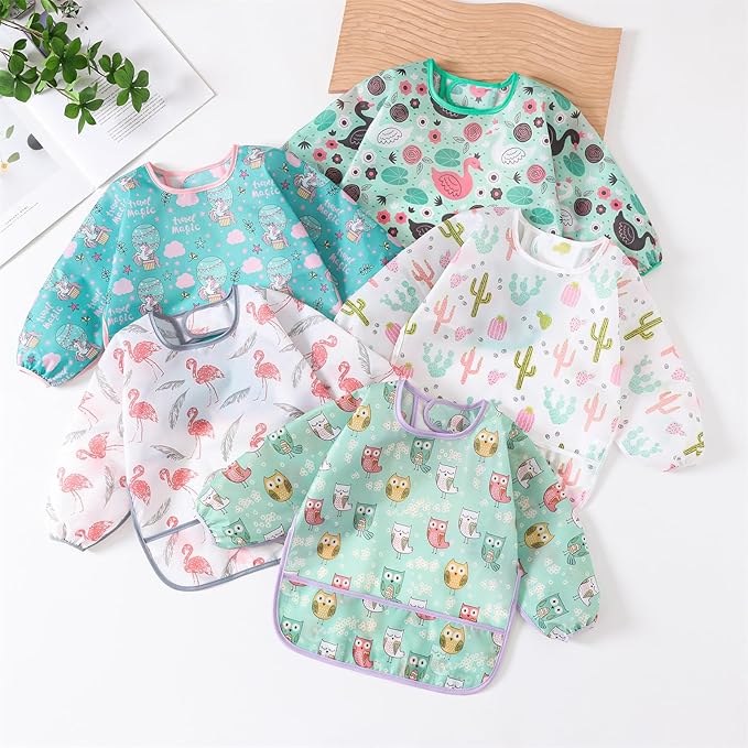 5 Pcs Long Sleeved Baby Toddler Bibs Waterproof Sleeved Bib 3-24 Months