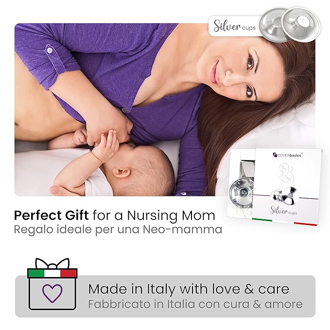 Original Italian Silver Nursing Cups - Nipple Shields for Breastfeeding - Helps Soothe and Protect Sore Nipples - Dermatologically Tested - Medical Device FDA-Registered (Small)