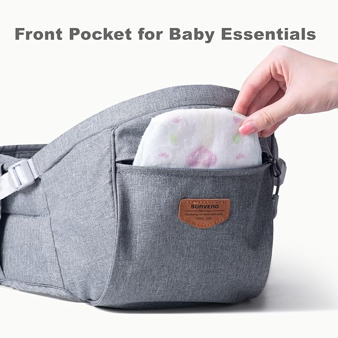SUNVENO Baby Hip Carrier with Hip Seat, CPC-Certified, Ergonomic Infant Carrier for Newborns & Toddlers up to 45 lbs, Adjustable Waistband, Multiple Pockets, All-Season, Grey