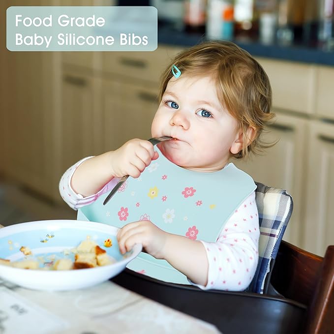 2 Pack Silicone Baby Bibs Adjustable Fit Waterproof Bib With Leak Proof Food Pouch Catcher for Eating Boys Girls