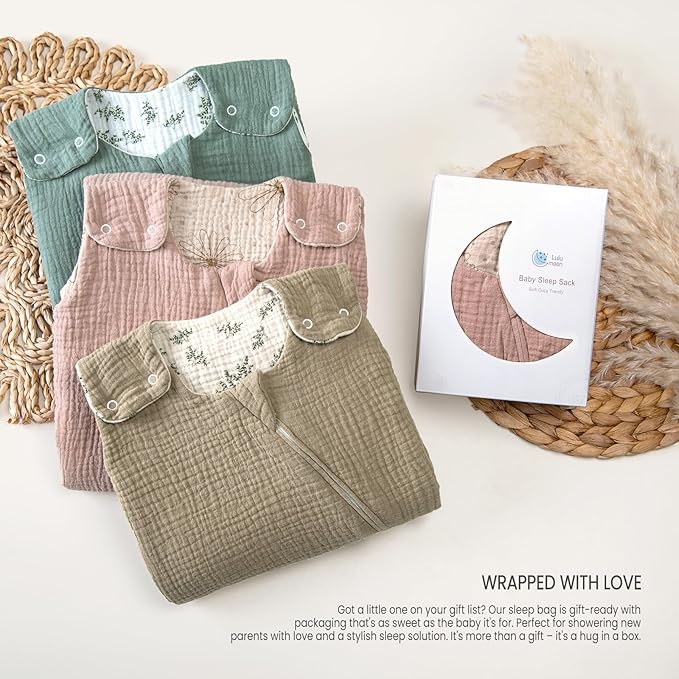 lulumoon Sleep Sack Muslin for Baby: Cotton Wearable Blanket - Soft Lightweight Ideal for Nursery Lounge Nighttime Naptime (1, sanddaisy, XS)