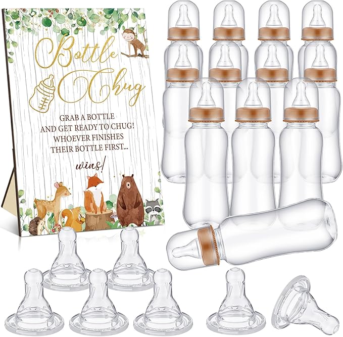 TrelaCo Woodland Animal Cool Baby Shower Games Bottle Chug Sign Wooden Woodland Gift Sets Gender Reveal Party Favors and 12 Pcs Baby Bottle Shower Favor for Gender Reveal