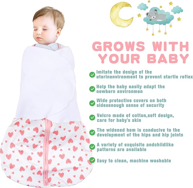 Newborn Sleep Sack Baby Swaddle,3-6 Months,3-Way Adjustable Wearable Blanket,100% Rayon Cotton Swaddling Sleeping Bag，TOG 0.5（Heart&Floral）