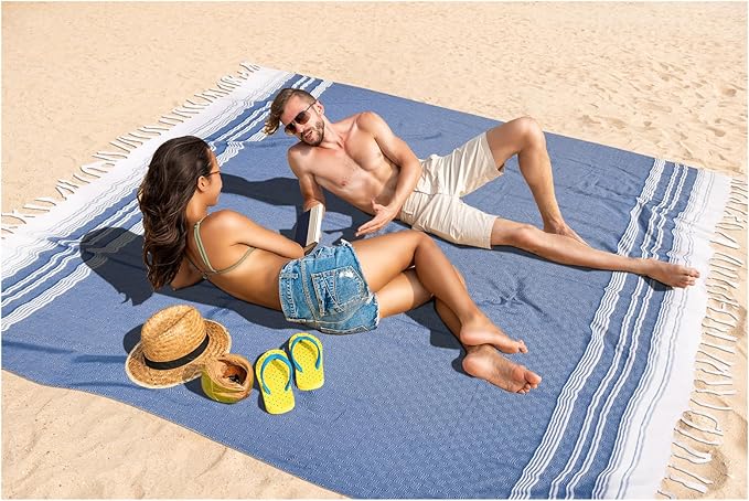 Oversized Turkish Beach Towel Blanket XXL Cotton Sandproof Towels Boho Woven Extra Large Big Sand Free Giant Throw Thick Blankets Huge Quilt XL Picnic Camping Necessities Cloud For Adult Gifts Blue
