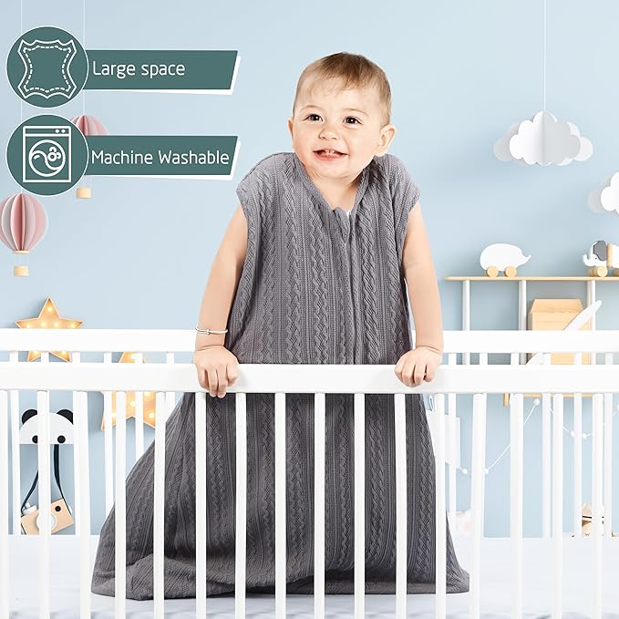 Baby Sleep Sack 12-18 Months, Baby Wearable Blanket 100% Acrylic knit 2-Way Zipper Toddler Sleeping Sack TOG 0.5 (Grey)