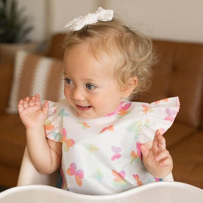 Tiny Twinkle Mess Proof Baby Bibs for Eating – Waterproof, Wipeable Toddler Bibs with Pocket – Baby Food Bibs for Girls & Boys(3 Pack,Butterfly)