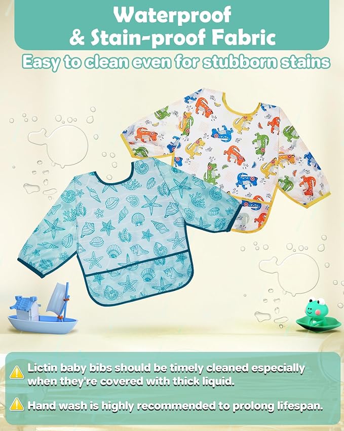 Lictin 3 Packs Baby Bibs for Boy or Girl, Cute Long Sleeve Bib, Waterproof Bibs for Toddlers,Adjustable Closure Baby Smock, Mess Proof Baby Bib, 6-24 Months Reusable Infant Baby Bibs