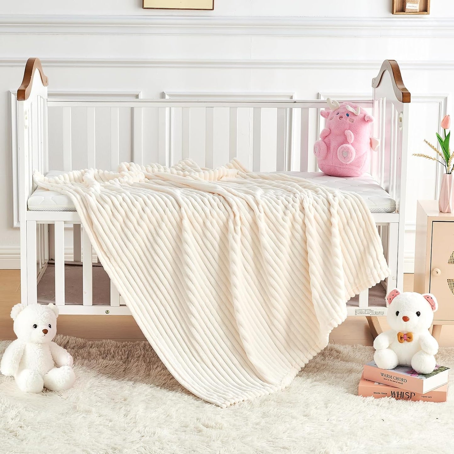 Soft Fleece Baby Blanket Ultra Cozy Baby Blankets for Boys Girls Warm and Lightweight Infant Toddler Newborn Receiving Gift with Reversible Stripes for Crib Stroller, 30x40 Inch, Cream