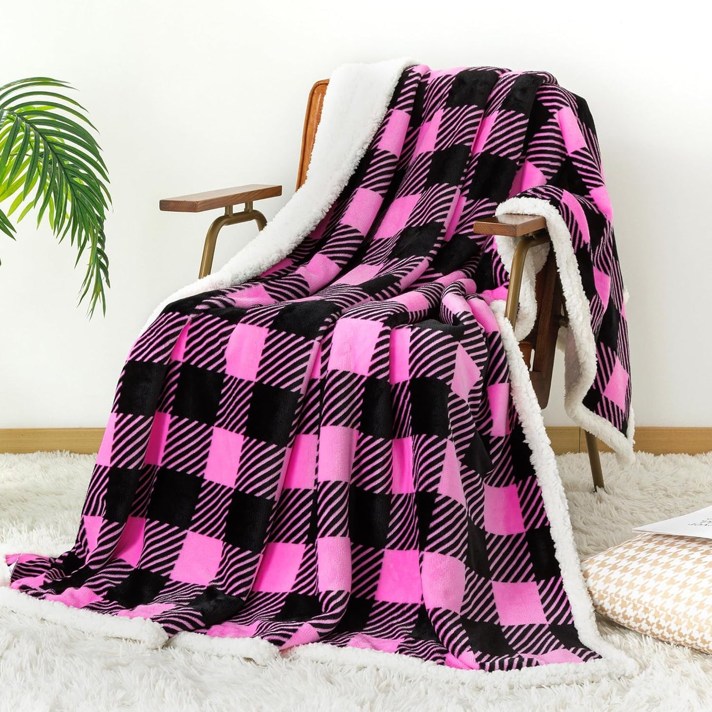 Touchat Sherpa Plaid Twin Blanket 60" X 70", Fuzzy Fluffy Soft Cozy Throw Blanket, Twin Size Plush Fleece Flannel Plush Microfiber Blanket for Couch Bed Sofa (Rosepink)
