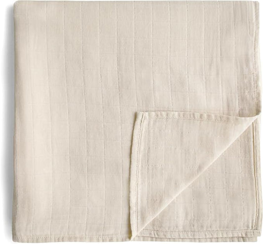 mushie Muslin Baby Swaddle Blanket | 100% Organic Cotton (Fog)