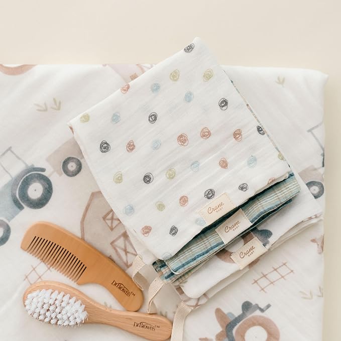 Crane Baby Hooded Towel & Washcloth Set, Charlie Farmhouse Tractor Hooded Baby Towels and Washcloths Set, Baby Bath Essentials, Washcloths for Newborn, Muslin Towel for Babies