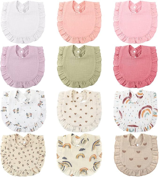 Geyoga 12 Pack Muslin Baby Bibs Adjustable Bandana Drool Bib for Unisex Cotton for Infants Boys Girls Teething