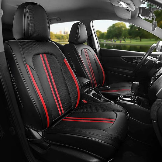 FREESOO Front Seats 2PCS Leather Car Seat Covers, Ultra Breathable Waterproof Seat Covers for Cars Trucks SUV, Carseat Protector Car Seat Cover Fit for Most Vehicles, Black Red Line