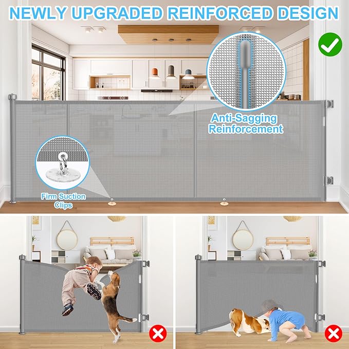 196 Inch Retractable Baby Gates Extra Wide, 41 Inch Reinforced Extra Tall Gate for Large Openings, Mesh Safety Gate for Kids Pets, Retractable Dog Gate for Pool Garages Doorway Indoor Outdoor, Gray
