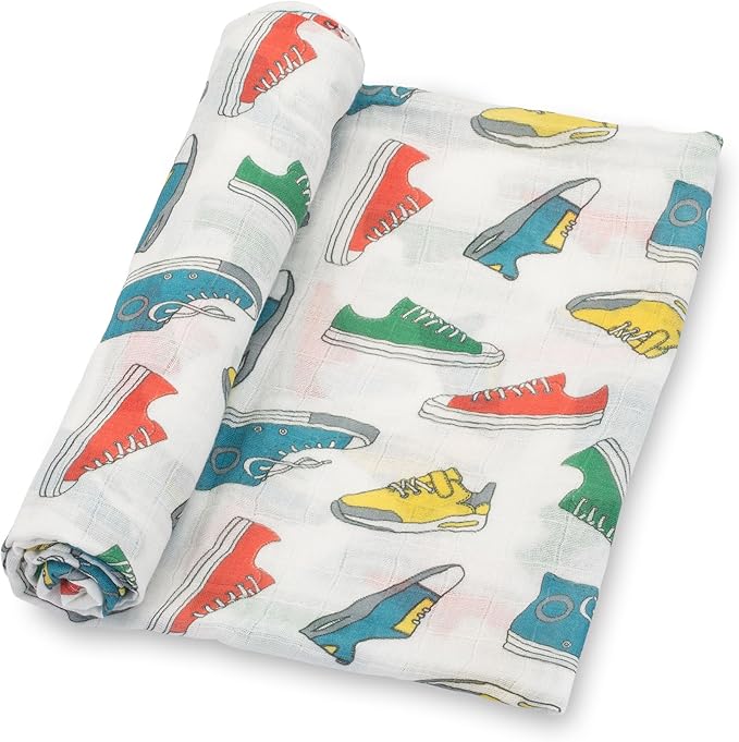 LollyBanks Swaddle Blanket, 100% Cotton Muslin Swaddle Blankets, Neutral Swaddle Blanket 47 x 47 Inches, Baby Blanket for Boys and Girls, Baby Essentials, Registry (Sneakers Print)