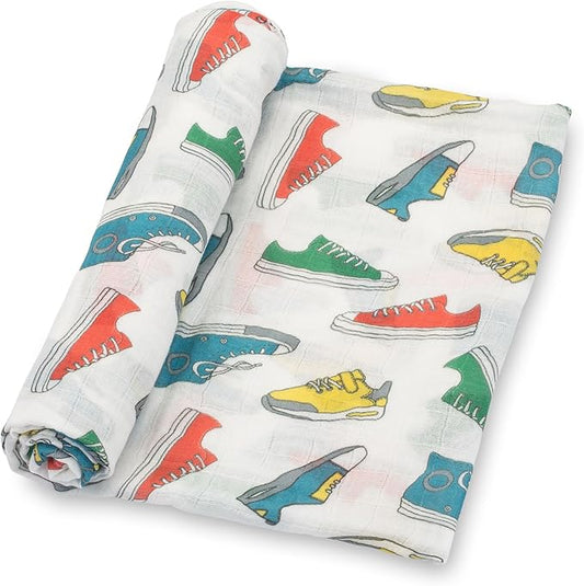 LollyBanks Swaddle Blanket, 100% Cotton Muslin Swaddle Blankets, Neutral Swaddle Blanket 47 x 47 Inches, Baby Blanket for Boys and Girls, Baby Essentials, Registry (Sneakers Print)