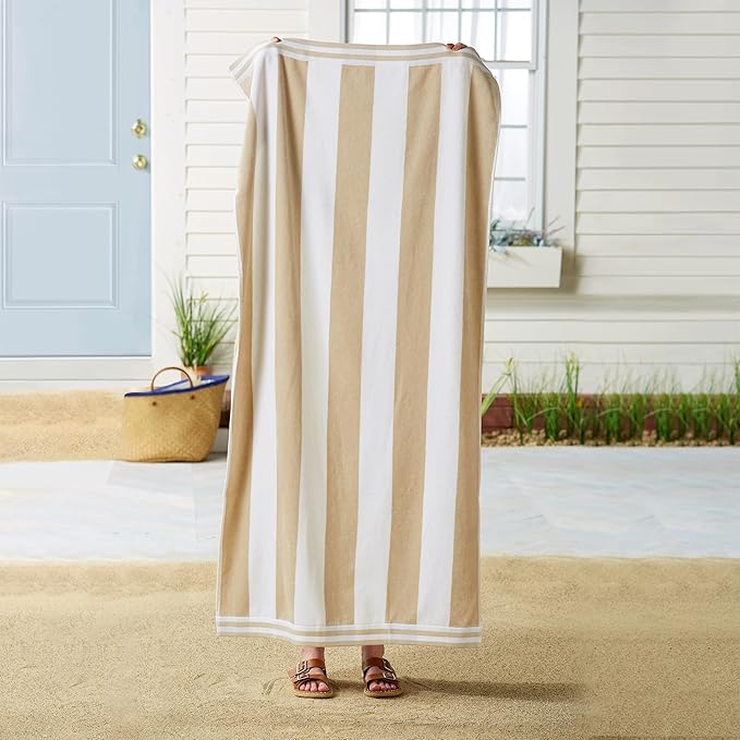 Great Bay Home 100% Cotton Velour 4 Pack Beach Towels 30" x 60" - Taupe Cabana Stripe Pool Towels - Quick Dry, Large Swim Towels