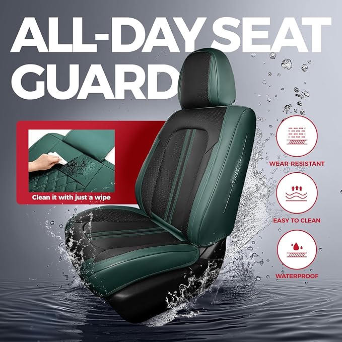 FREESOO Front Seats 2PCS Leather Car Seat Covers, Ultra Breathable Waterproof Seat Covers for Cars Trucks SUV, Carseat Protector Car Seat Cover Fit for Most Vehicles, Black Green