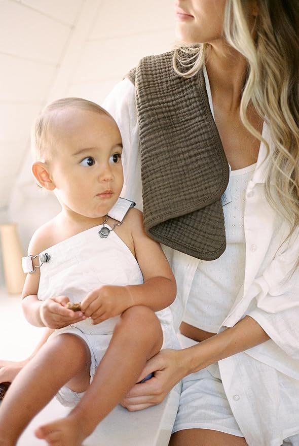 Oilo Burp Cloth 2-Pack Set, Large (12" X 22"), 8-Layer Organic Premium Cotton 4-Way Muslin, Luxuriously Soft, Super Absorbent, & Durable, Machine Washable, Bark Brown & Sea Moss Sage Green