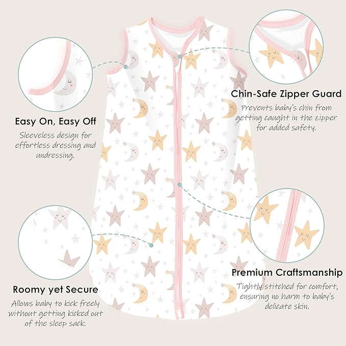 Cute Castle Baby Sleep Sack 6-12 Months - Lightweight 100% Cotton 2-Way Zipper TOG 0.5 Infant Wearable Blanket, Newborn Essentials Toddler Sleep Clothes, 3 Pack(Pink, Moon, Stars)