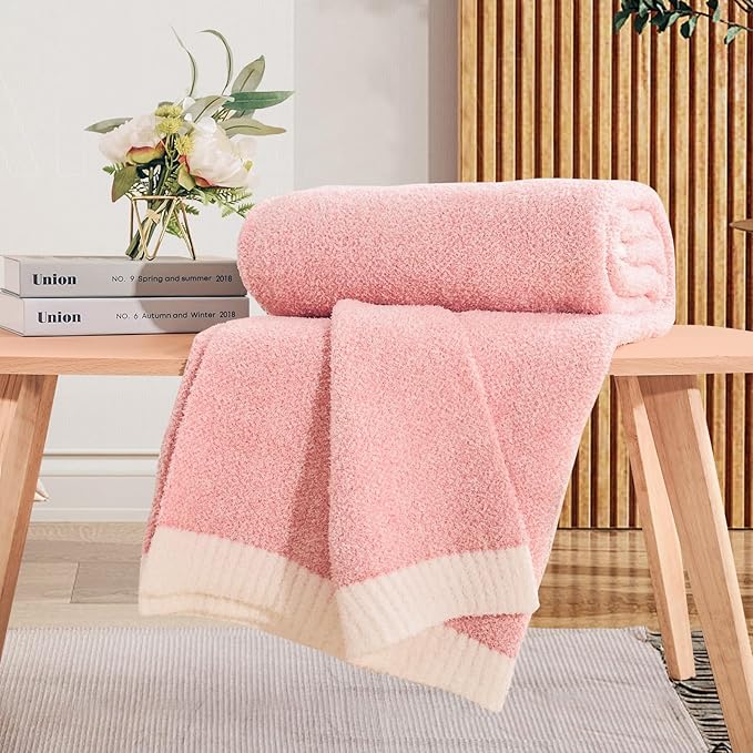 NEXHOME PRO Soft Blankets Pink, Cozy Throw Blanket for Couch, Warm Reversible Knit Blanket for Women, Fuzzy Lightweight Throws for Sofa, Bed, Picnic, Heather Hot Pink, 50 x 60 inches