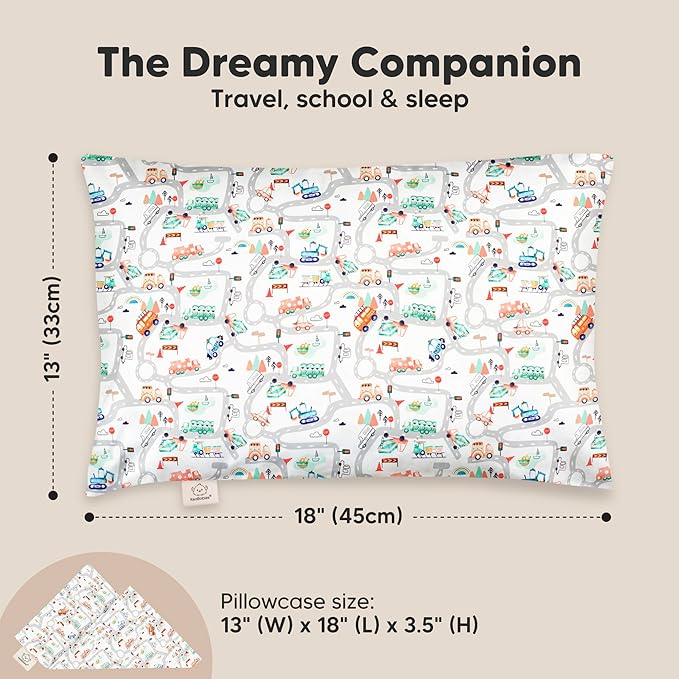 Toddler Pillow with Pillowcase - 13x18 My Little Dreamy Kids Travel Bed Pillows for Sleeping, Organic Cotton Small Pillowcase, Soft & Breathable, Machine Washable, Toddlers 2-5 Years Old (Roadway)