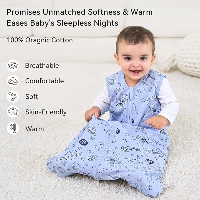 Baby Sleep Sack 0-6 Months 1.0 Tog Baby Wearable Blanket 100% Cotton Sleeping Sack with 2-Way Zipper for Infant Newborn Blue& Green space
