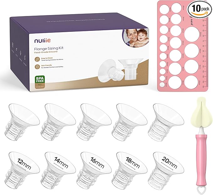 Nuliie 10PCS Silicone Flanges Insert Replacement Kit, Flange Sizing Kit 12/14/16/18/20mm for 24mm Flange/Shield Breast Pumps, Pumping Essential Kit for Moms