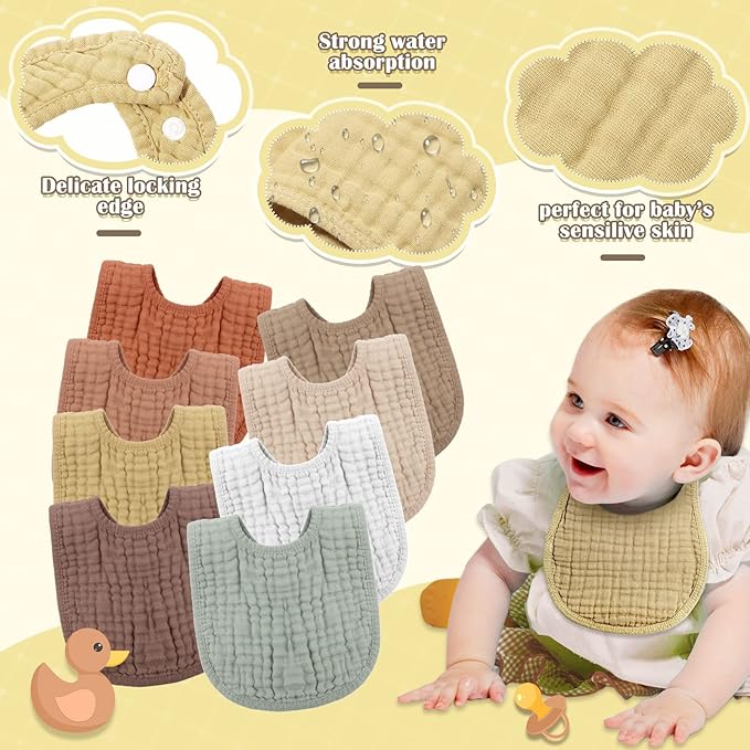 Frienda 8 Pcs Muslin Baby Bibs Cotton Bandana Drool Bibs Bulk for Newborn Infant 6 Absorbent Layers Feeding Accessory