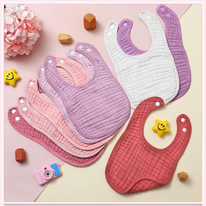Frienda 8 Pcs Muslin Baby Bibs Cotton Bandana Drool Bibs Bulk for Newborn Infant 6 Absorbent Layers Feeding Accessory
