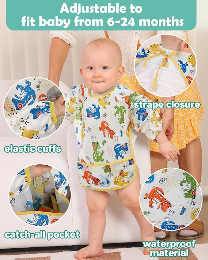 Lictin 3 Packs Baby Bibs for Boy or Girl, Cute Long Sleeve Bib, Waterproof Bibs for Toddlers,Adjustable Closure Baby Smock, Mess Proof Baby Bib, 6-24 Months Reusable Infant Baby Bibs