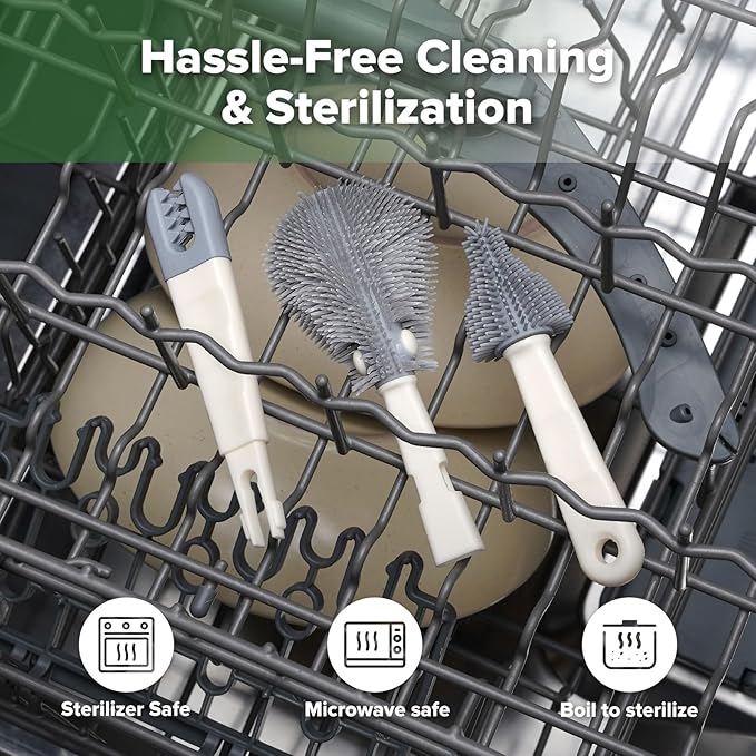 haakaa Travel Bottle Brush Set – 7-in-1 Baby Bottle Cleaner Kit with Bottle Brush, 360° Brush, Straw Brush, U-Shaped Brush, Spray Bottle&Drying Rack for Home and Travel