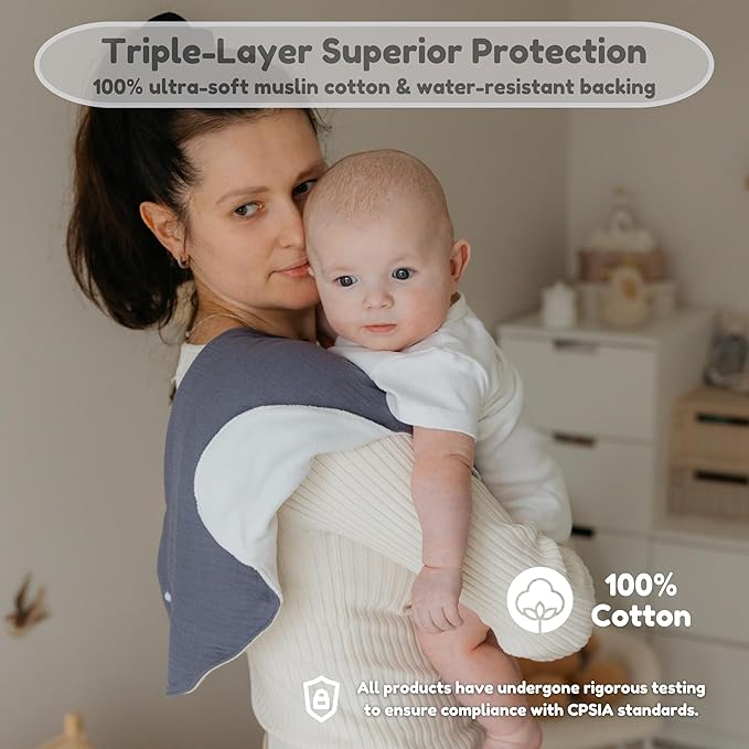 Butterfly Cotton Muslin Burp Cloths 3-Layer, Extra-Large 26”x12” Water-Resistant Multi-Use Burp Cloth Convertible to Bib, 2 Pack, Soft & Absorbent (Pack of 2, Herb & Cotton/Blue & Stone)