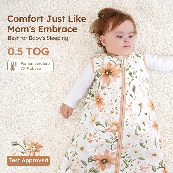 Baby Sleep Sack 18-24 Months 100% Cotton Lightweight 0.5 TOG Wearable Blanket Baby Sleep Bag with 2-Way Zipper for Infant Toddler Orange Flowers
