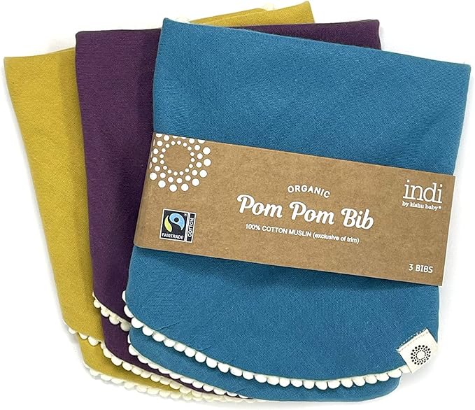 Kishu Baby Indi - Fairtrade Organic Baby Bibs for Girls or Boys - Rounded, 4-Way Reversible, 8 Layer Muslin Drool Bibs