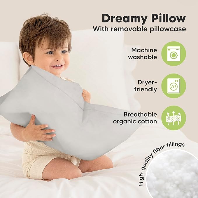 Toddler Pillow with Pillowcase - 13x18 My Little Dreamy Kids Travel Bed Pillows for Sleeping, Organic Cotton Small Pillowcase, Soft & Breathable, Machine Washable, Toddlers 2-5 years old (French Gray)