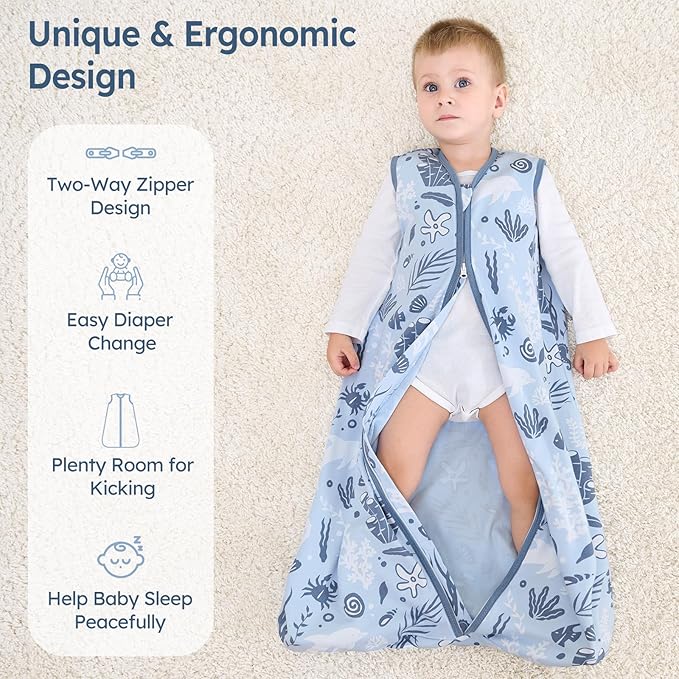 Baby Sleep Sack 6-12 Months 100% Cotton Lightweight 0.5 TOG Wearable Blanket Baby Sleep Bag with 2-Way Zipper for Newborn Infant Blue Dolphin