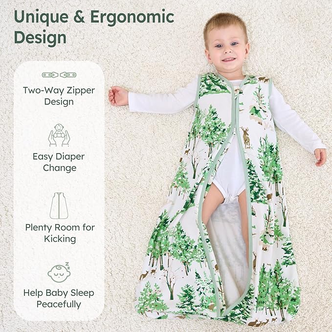 Baby Sleep Sack 18-24 Months 100% Cotton Lightweight 0.5 TOG Wearable Blanket Baby Sleep Bag with 2-Way Zipper for Infant Toddler Green Pine Tree