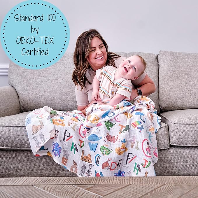 LollyBanks Swaddle Blanket - 100% Cotton Muslin, Neutral 47 x 47 Inches, Baby Blanket for Boys & Girls, Registry (Alphabet Print)