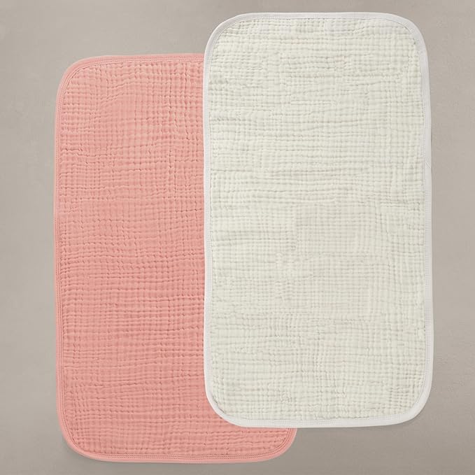 Oilo Burp Cloth 2-Pack Set, Large (12" X 22"), 8-Layer Organic Premium Cotton 4-Way Muslin, Luxuriously Soft, Super Absorbent, & Durable, Machine Washable, Eggshell Creme & Rosette Pink