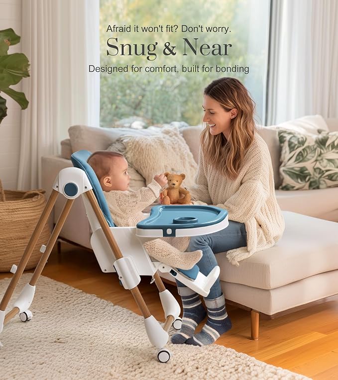 Mallify Foldable High Chairs for Babies and Toddlers, 3-in-1 Convertible Baby High Chair with Removable Soft Cushion and Tray, Adjustable Height & Recline, Lockable Wheels, Dark Blue