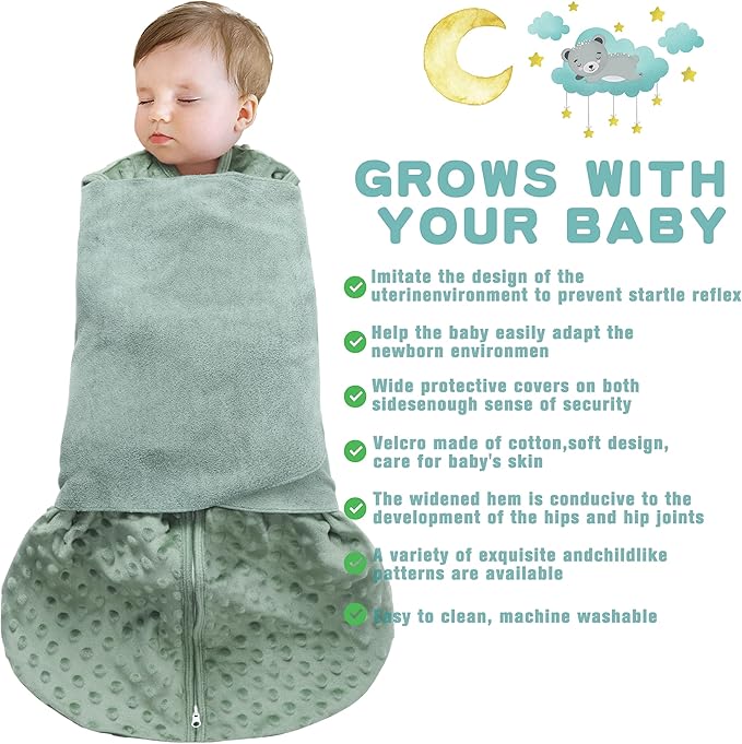 Fleece Newborn Sleep Sack Baby Swaddle,3-Way Adjustable Wearable Blanket,2 Pack Fleece Swaddling Sleeping Bag TOG 2.0， (Blue&Green, 6-12 Months)