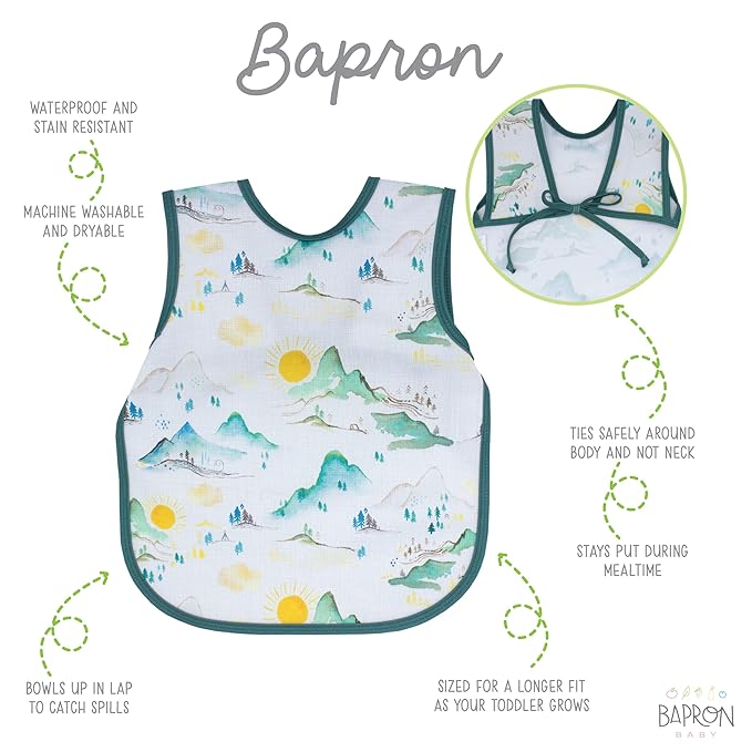 BapronBaby Mountain Mist Bapron - No Neck Tie Safer Bib for Baby & Toddler - Soft Waterproof Stain Resistant - Machine Washable - Sz Baby/Toddler 6m-3T