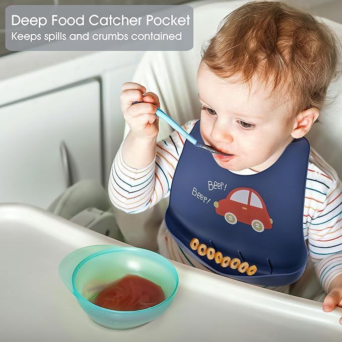 2 Pack Silicone Baby Bibs Adjustable Fit Waterproof Bib With Leak Proof Food Pouch Catcher for Eating Boys Girls